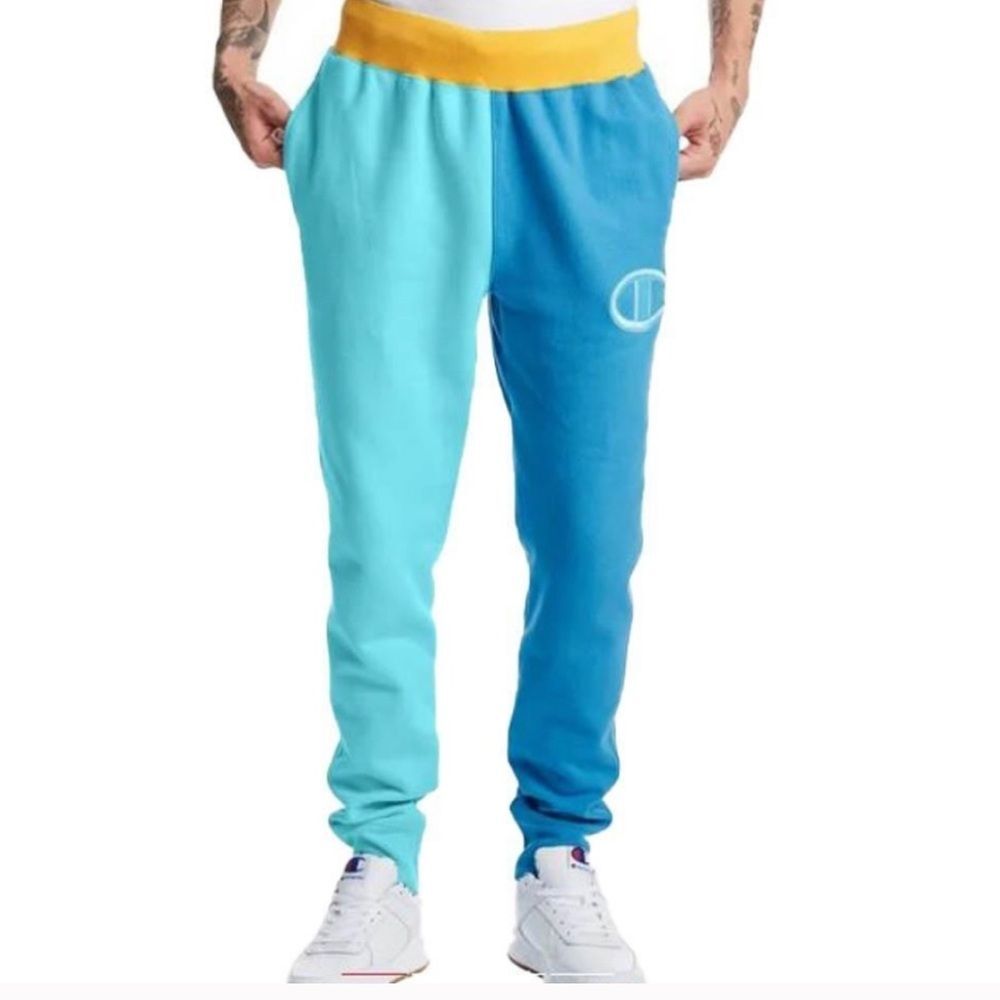 CHAMPION REVERSE WEAVE SIZE MEDIUM BLUE YELLOW COLOR BLOCK JOGGER
